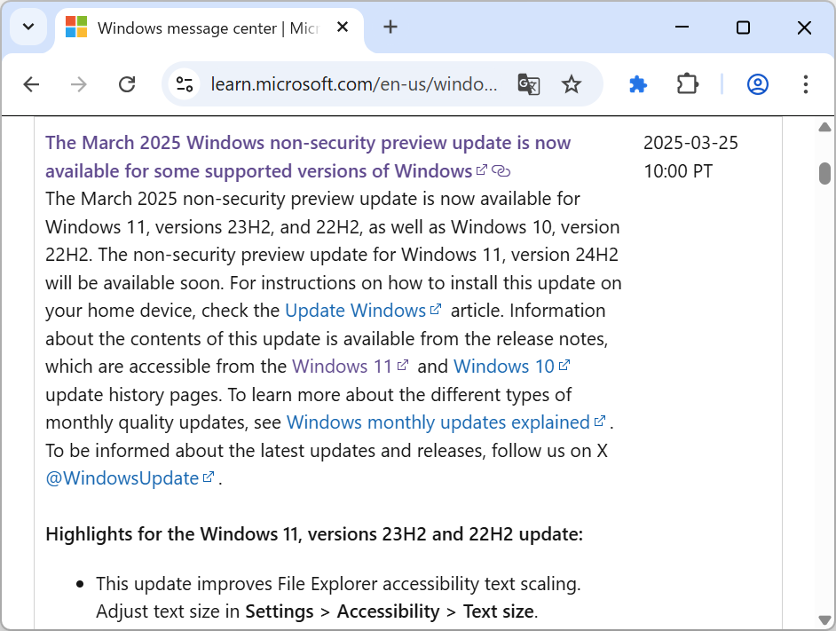 Windows 10/11の2025年3月プレビューパッチが一部リリース