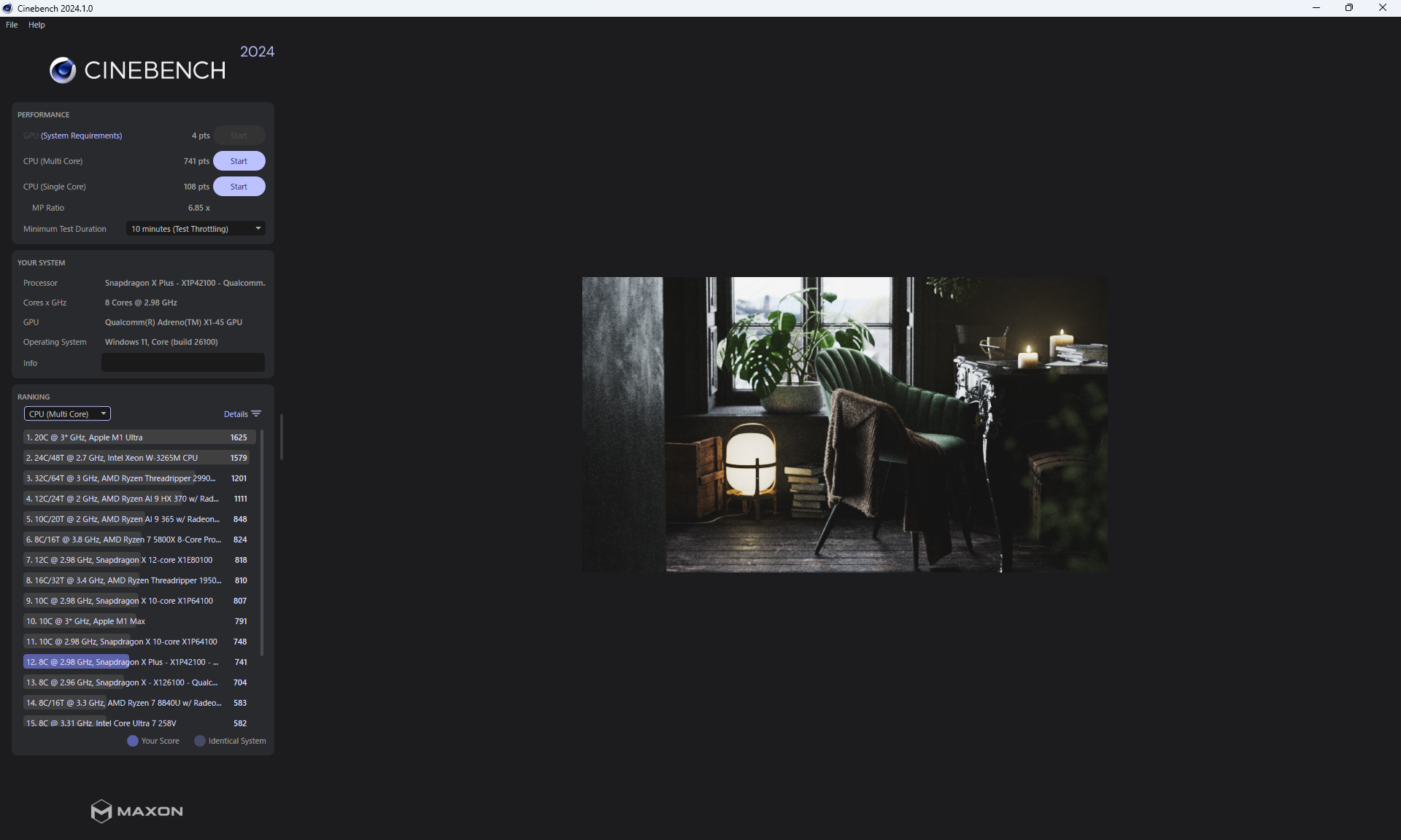「CINEBENCH 2024」の結果。8コアCPUはノートPCとしては十分な性能だ