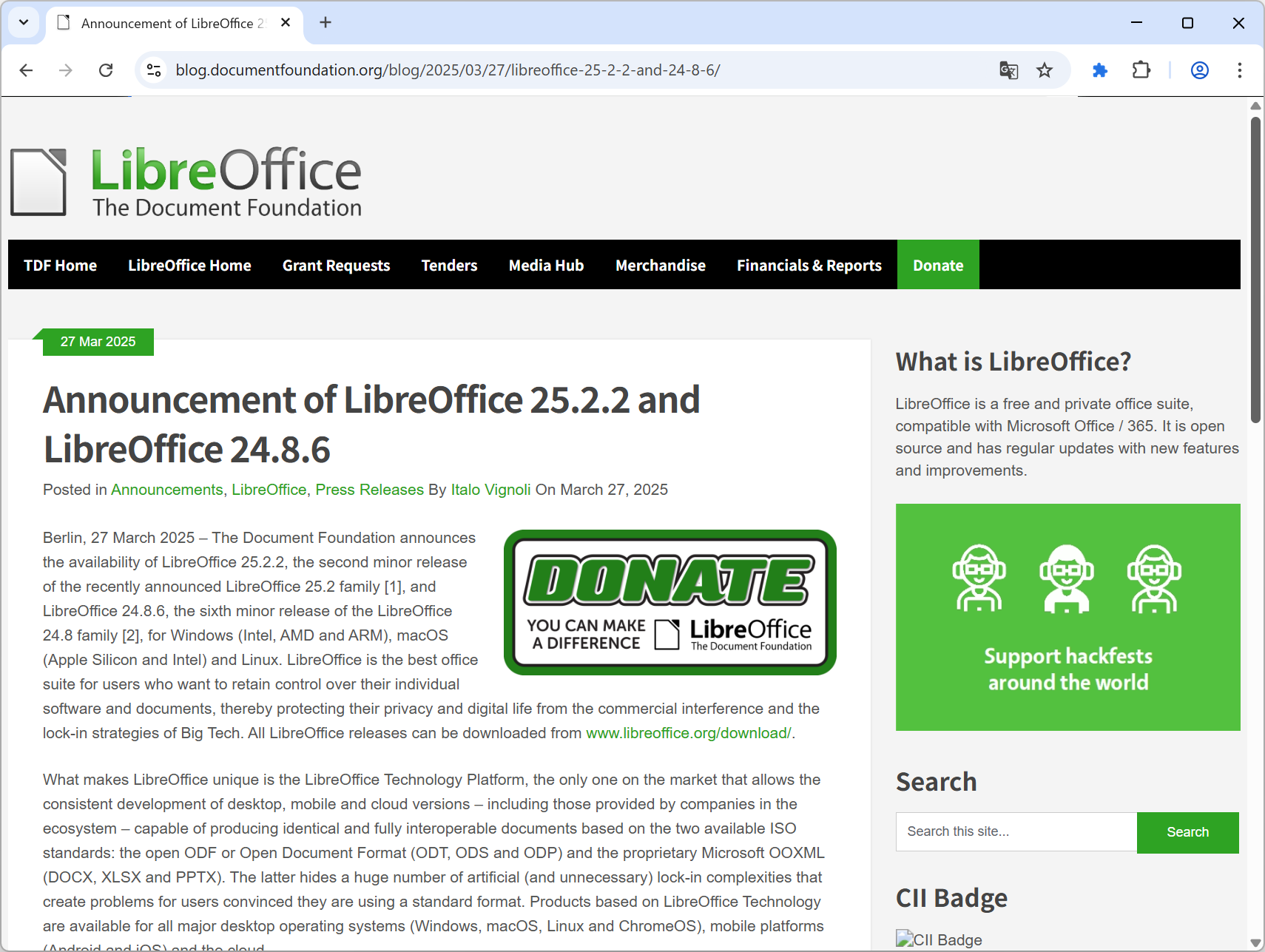「LibreOffice 25.2.2 Community」と「LibreOffice 24.8.6 Community」がリリース