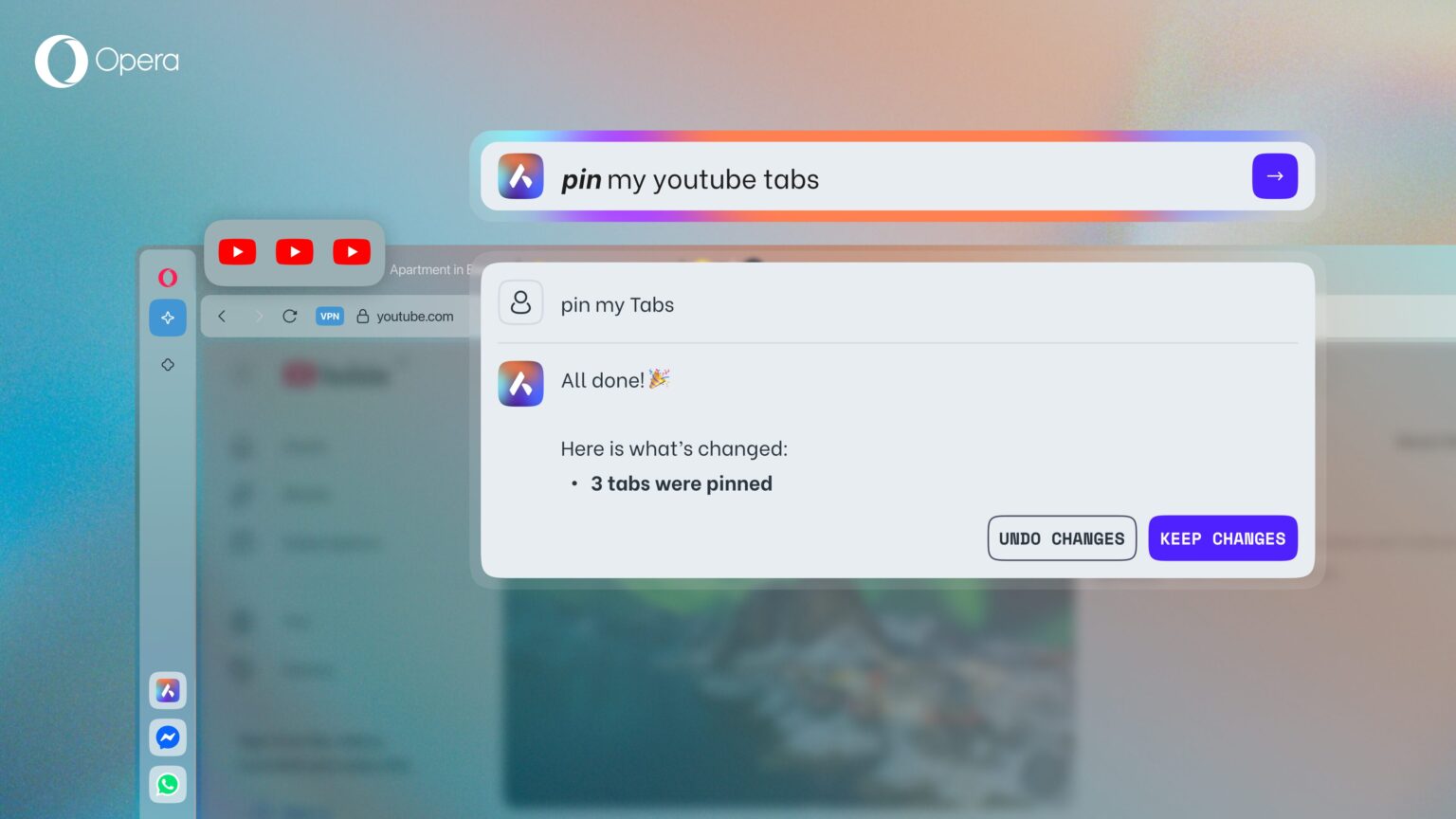 「Opera」搭載の生成AI「Aria」に頼んで簡単にタブを操作・管理可能に
