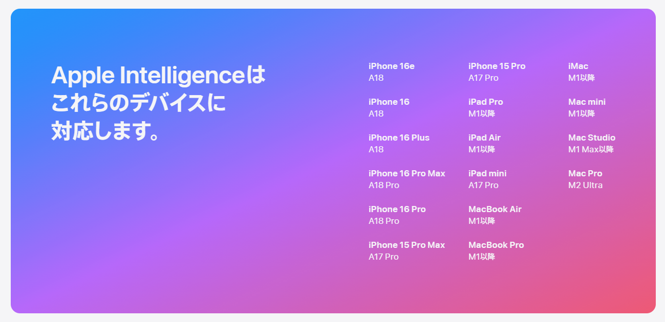 「Apple Intelligence」をサポートするデバイス