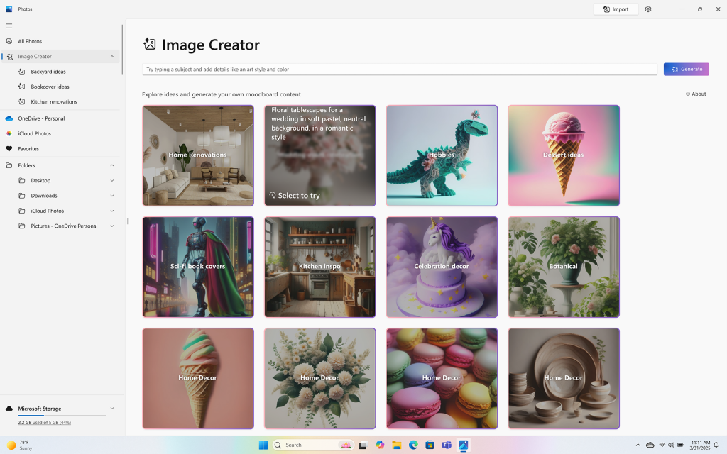 「フォト」アプリの「Image Creator」でAIに画像を生成してもらう