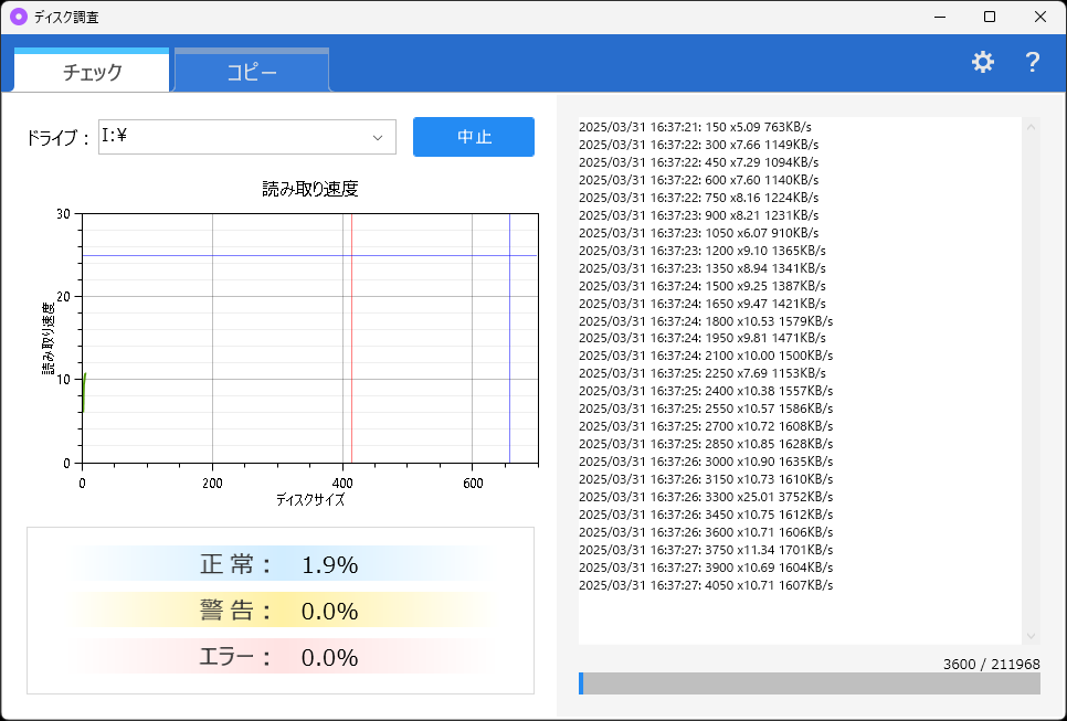 テストを実行すると、左側に読み取ったデータ量がどんどん表示されていく