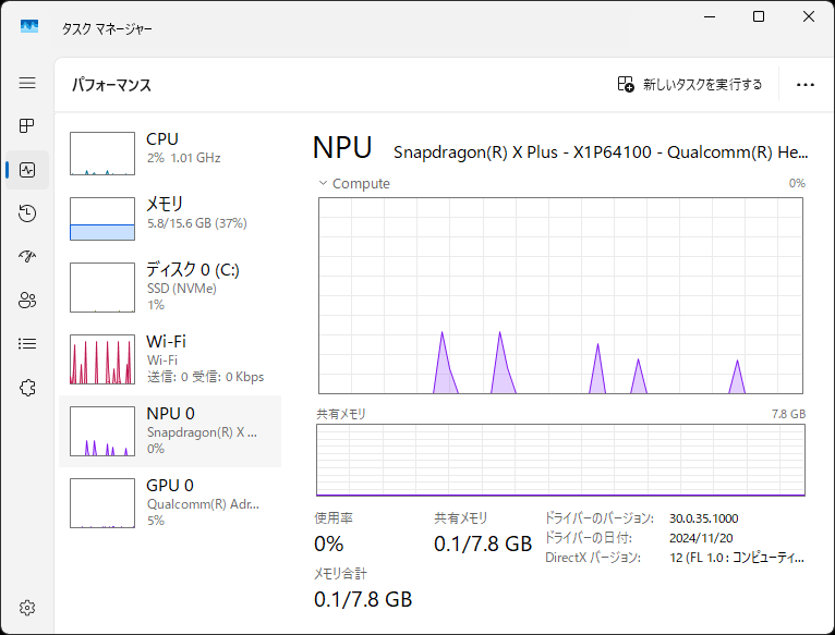 インデックス化が終わったのか、検索時のNPU使用率はぐっと下がったが、僅かに使用はしている