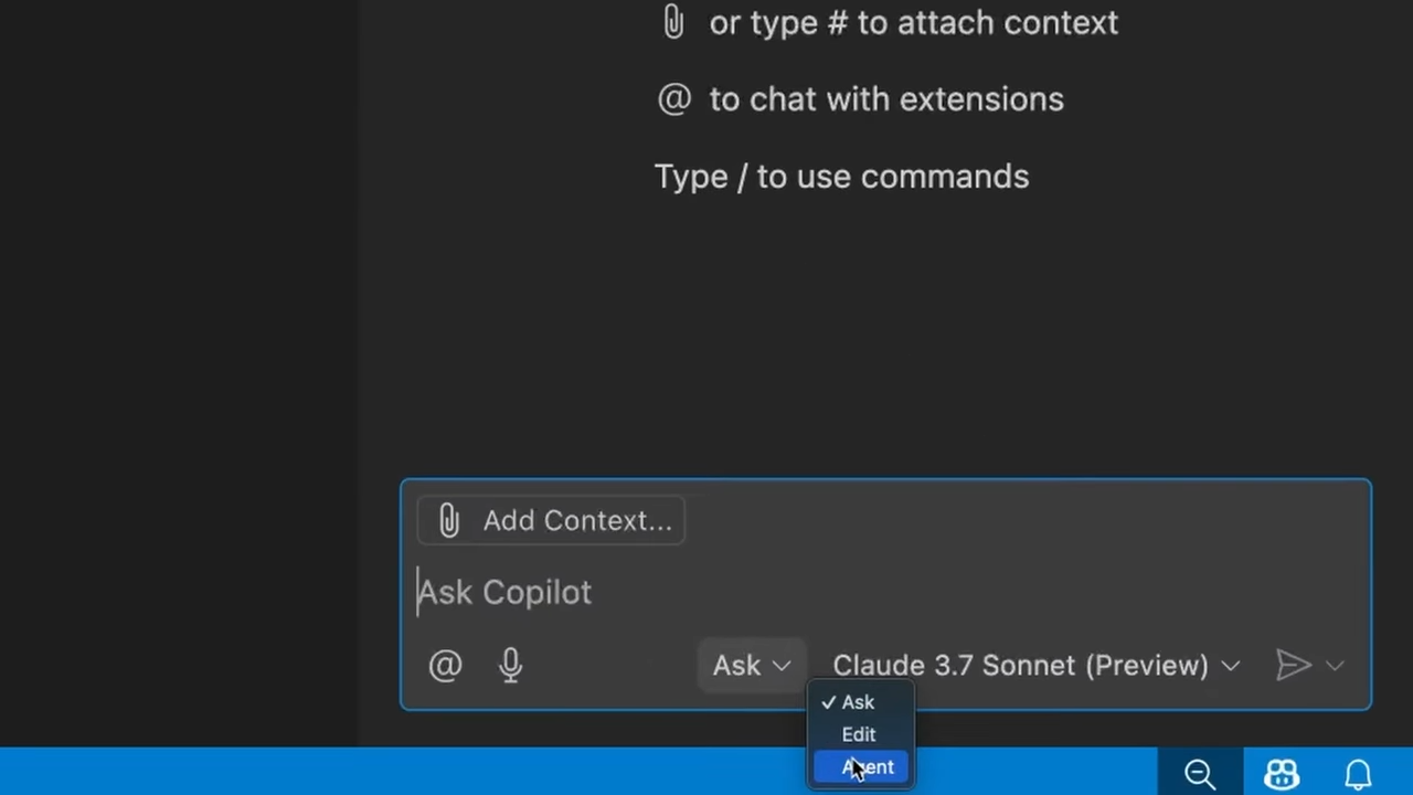 質問、編集を簡単に切り替えられる、統一されたチャットエクスペリエンス。エージェントモードへの切り替えもここから