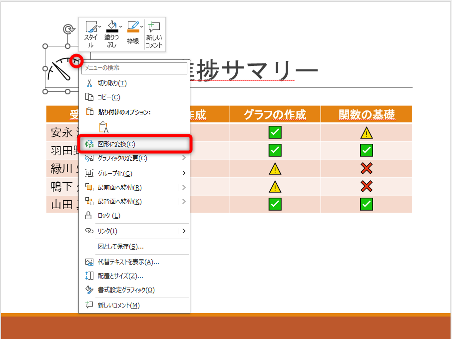 挿入したアイコンを右クリックして、［図形に変換］を選択する。アイコンを選択して、［グラフィックス形式］タブにある［図形に変換］ボタンをクリックしても構わない