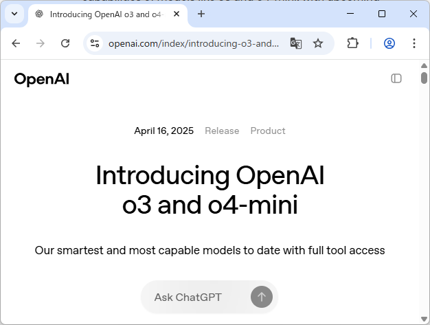 OpenAI、新しい推論モデル「o3」と「o4-mini」をリリース