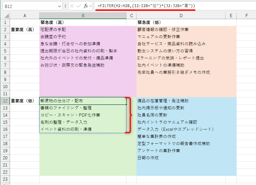 重要度「低」、かつ、緊急度「高」の数式は「=FILTER(H2:H28,(I2:I28="低")*(J2:J28="高"))」となる