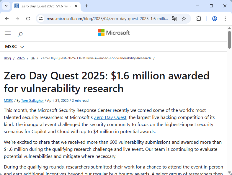 「MSRC」のアナウンス