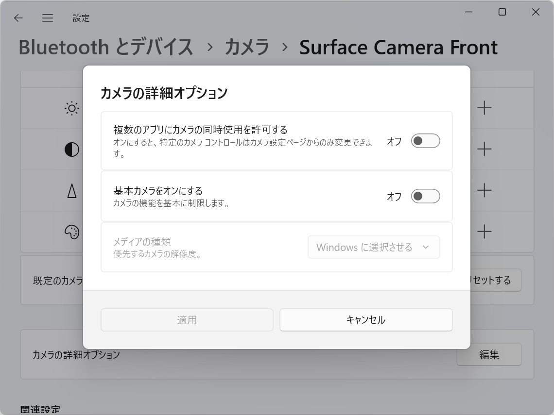 「設定」アプリの［カメラの詳細オプション］ダイアログ
