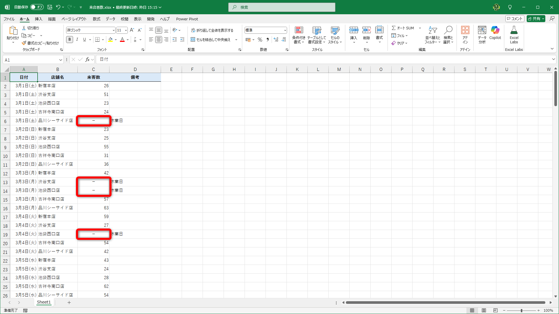 休業日には「－」と入力して、中央寄せにしてあります。