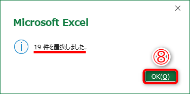 置換された件数が表示されました。［OK］（⑧）をクリックします。［検索と置換］ダイアログボックスの［閉じる］をクリックして閉じておきます