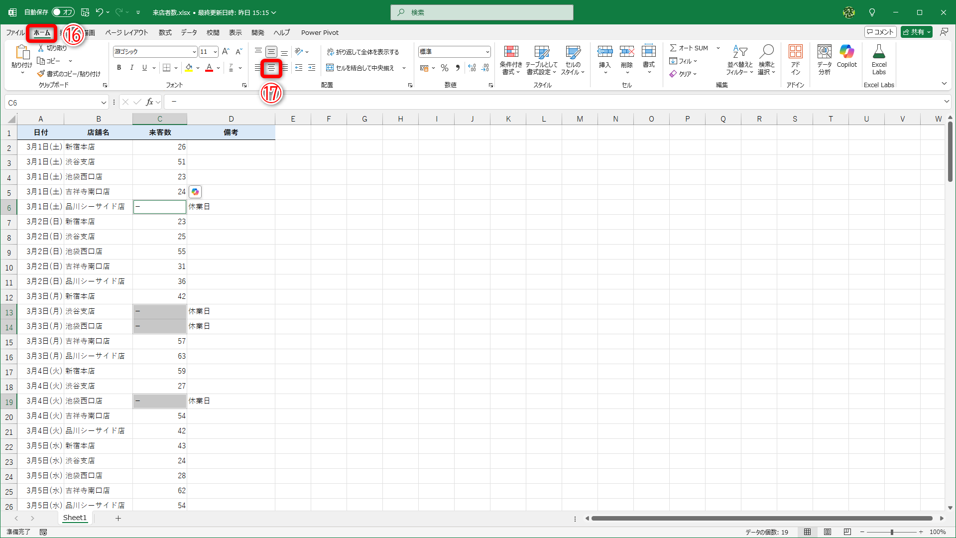 空白セルに「－」が一括入力されました。［ホーム］タブ（⑯）の［中央揃え］（⑰）をクリックします