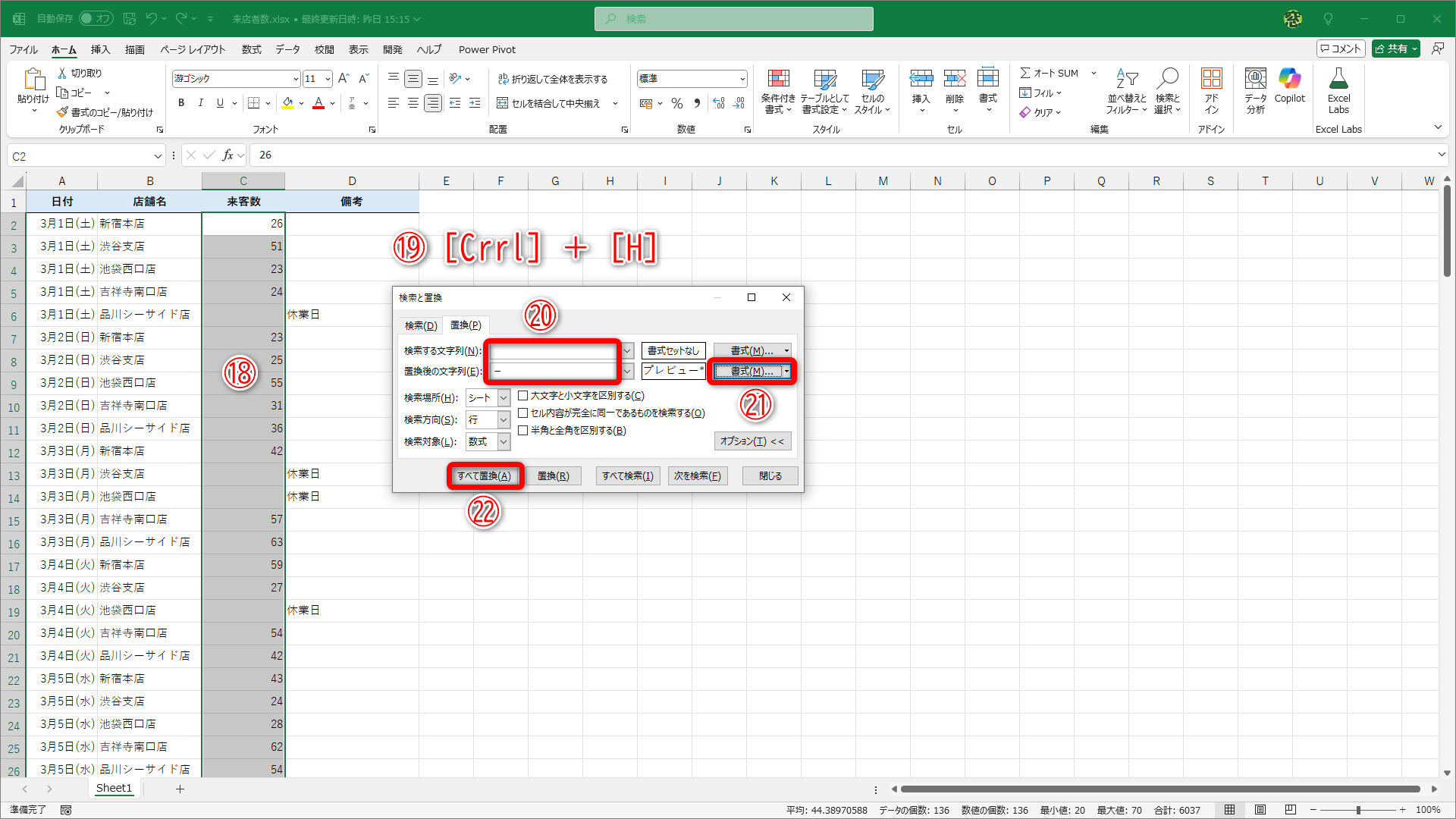 セル範囲を選択後（⑱）に、［Ctrl］＋［H］キーを押して（⑲）、［検索と置換］ダイアログボックスを呼び出し、空白を検索・置換しても構いません（⑳）。［書式］（㉑）から［中央揃え］を設定して［すべて置換］（㉒）をクリックします
