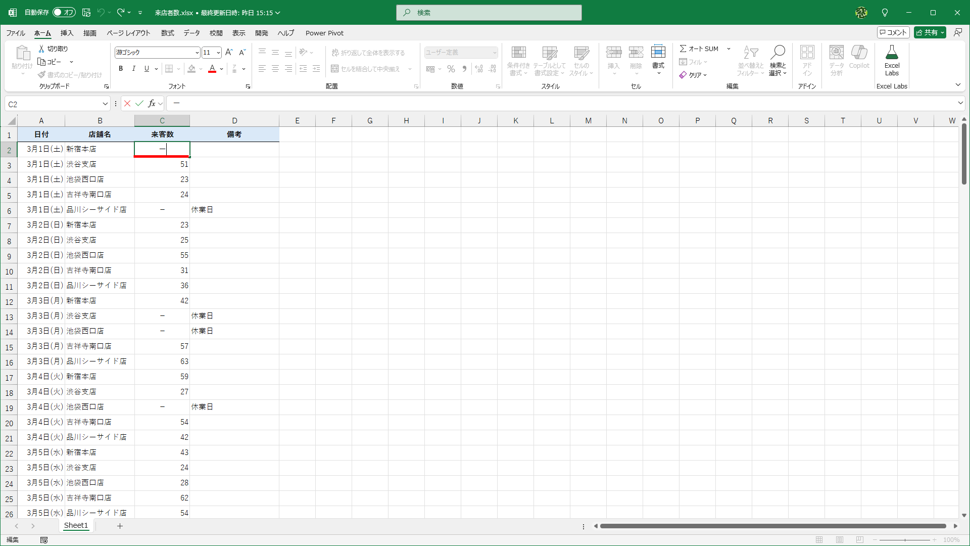 試しに「－」と入力すると、中央寄せになることがわかります。他の文字列でも中央寄せになります