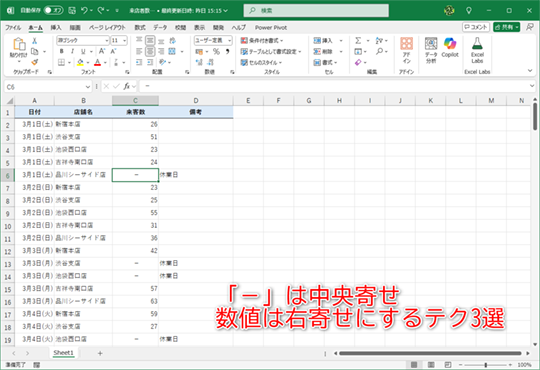 数値は右寄せで、未入力のセルには「－」を中央寄せで表示したい！