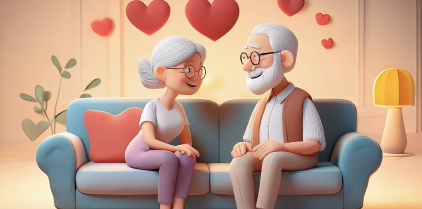プロンプト：2.5Dクレイアニメーションの老夫婦がソファで愛情を込めて見つめ合い、その周りにハートが現れる
