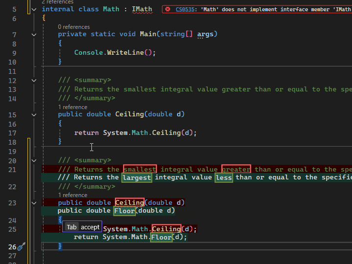 コピペ先のコードに馴染ませる修正作業を提案してくれる。開発者は［Tab］キーで承認するだけ