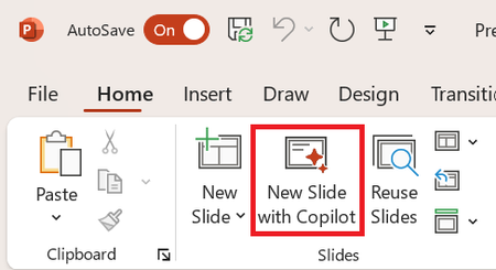 リボンの［ホーム］タブにある「Copilot」で新規スライドを作成するコマンドを選ぶ