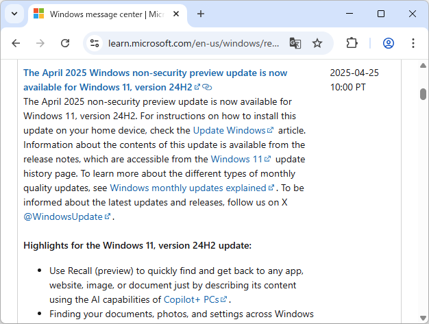 Microsoft、「Windows 11 バージョン 24H2」の2025年4月非セキュリティプレビュー更新プログラム「KB5055627」をリリース