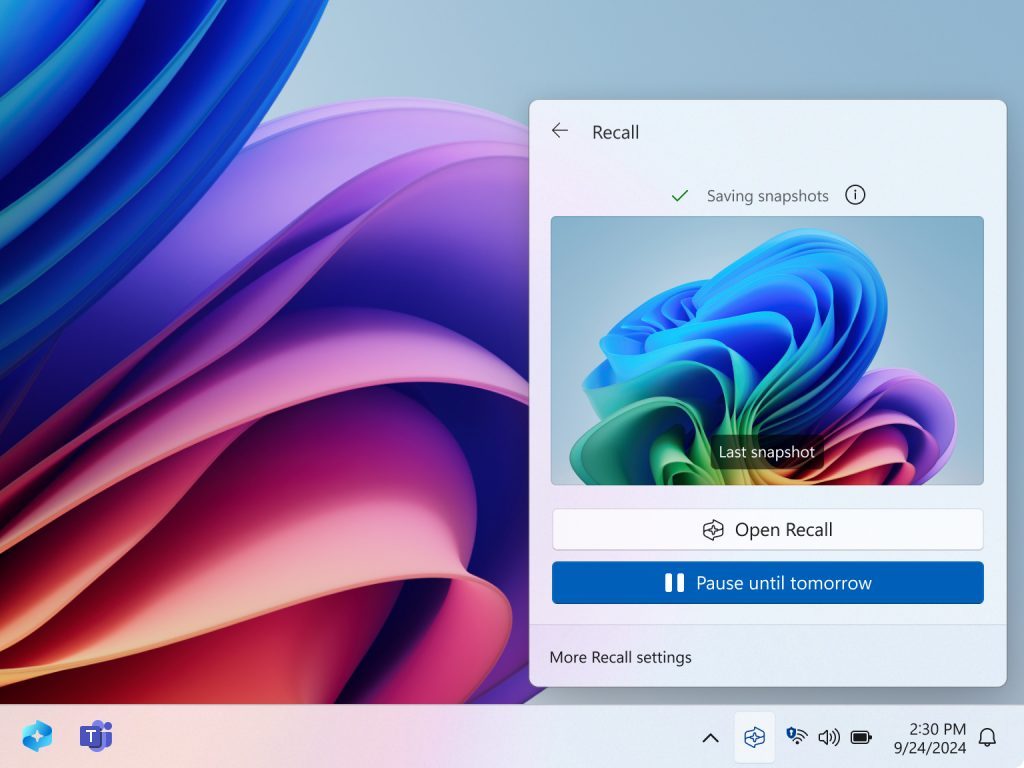 過去をさかのぼって検索できる「リコール」（Recall）。過去の記録（スナップショット）は、都合が悪ければ一時停止も可能。機能自体を無効化することもできる