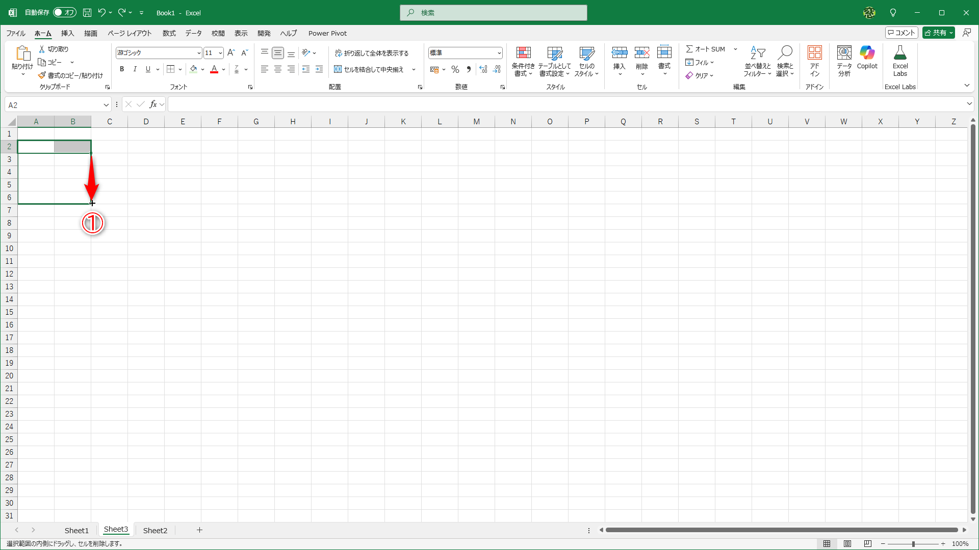 セルA2～B2を選択して、オートフィルでコピーすると（①）