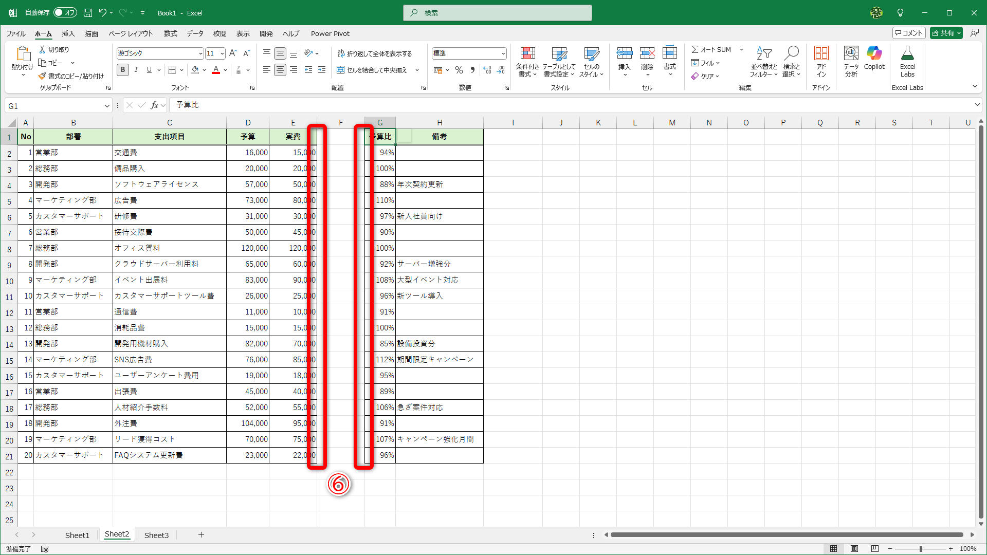 横方向の罫線が消去されて、縦方向の罫線は残っています（⑥）