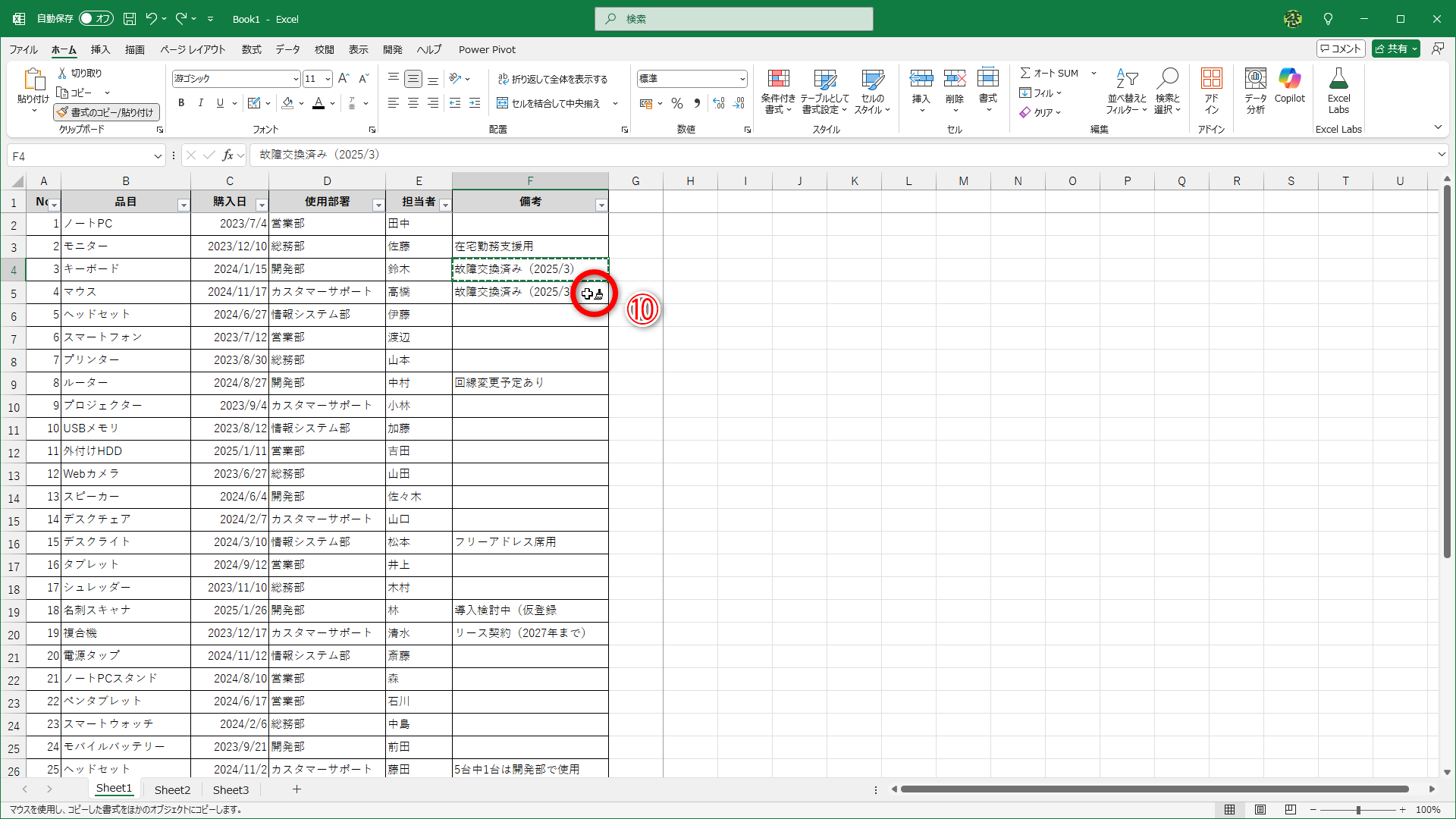 マウスポインターの形が変わるので、書式を貼り付けたいセルをクリックします（⑩）