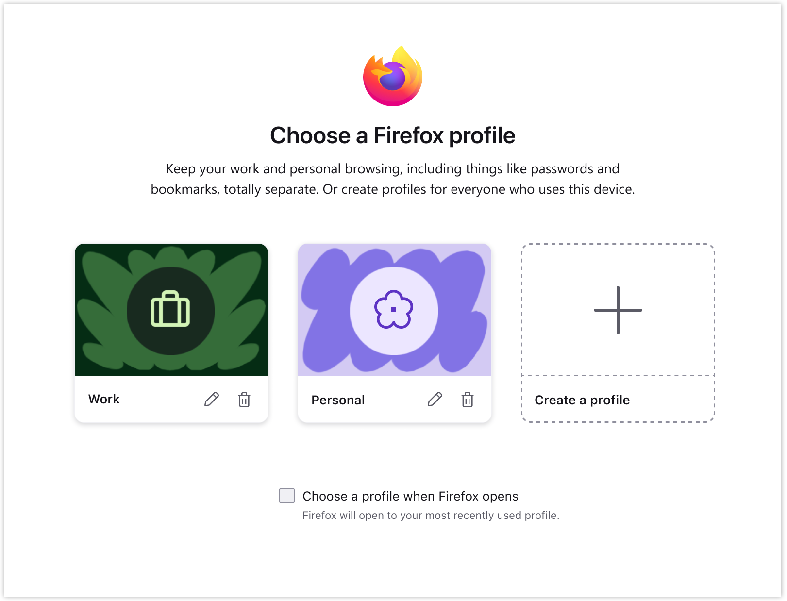 プロファイルの管理ダイアログ。「Firefox」の起動時に利用する既定プロファイルも選べる