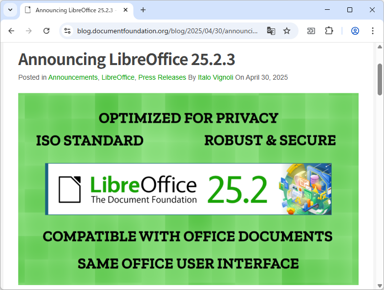 「LibreOffice 25.2.3 Community」がリリース