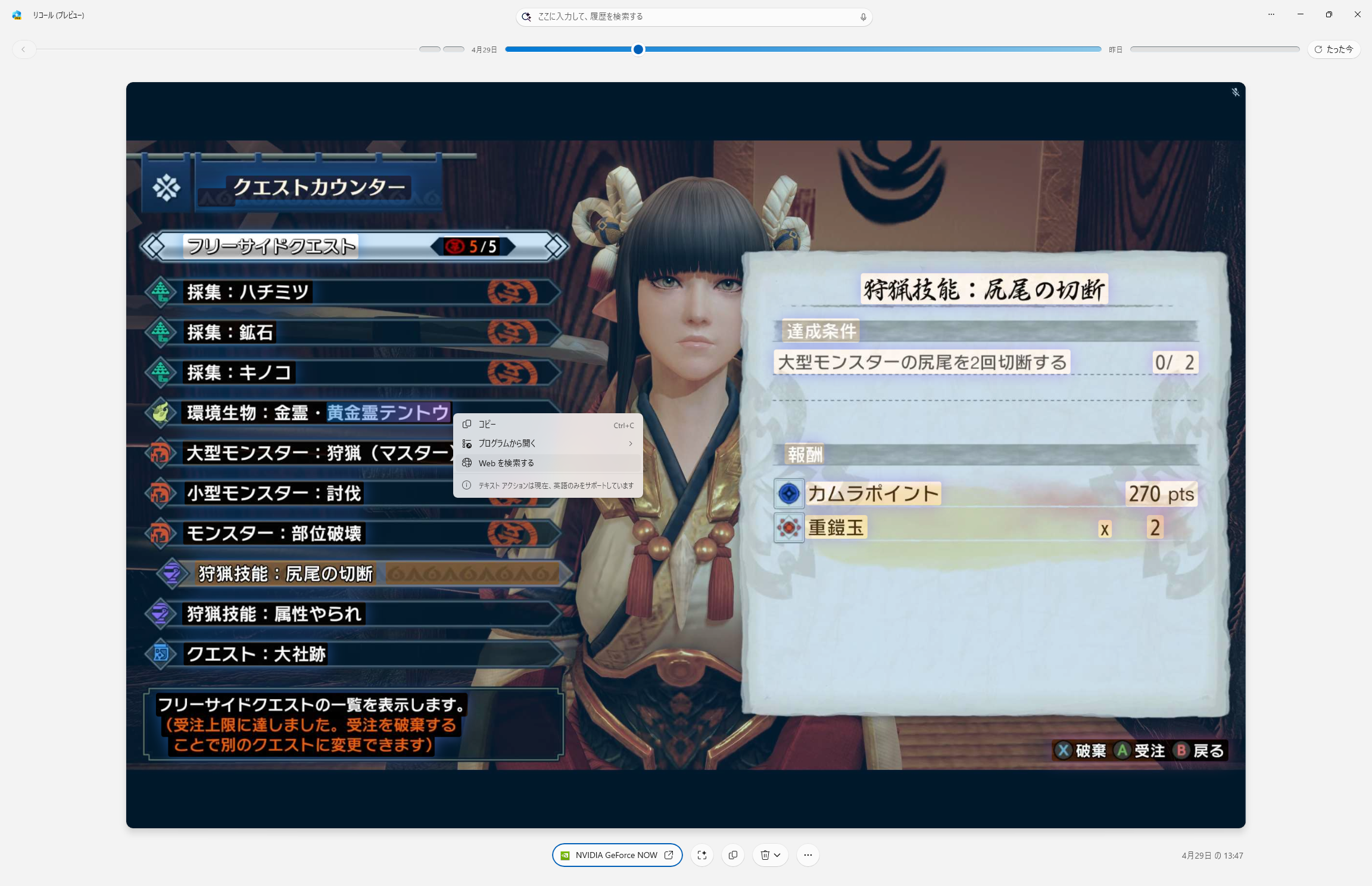 本来選択できないゲーム画面のテキストも、スナップショットでは自由に選択可能。そこからWebで検索できる