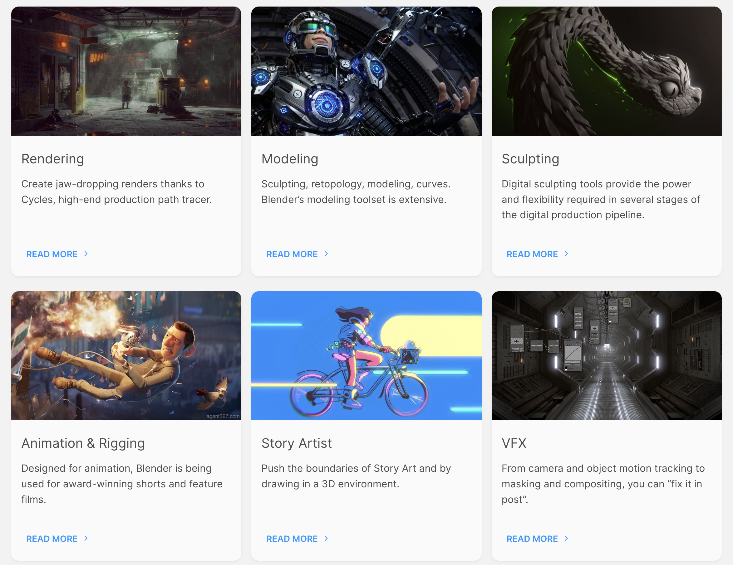 Blenderが持つ多彩な機能の例（<a href="https://www.blender.org/features/">Blender公式サイト</a>より）