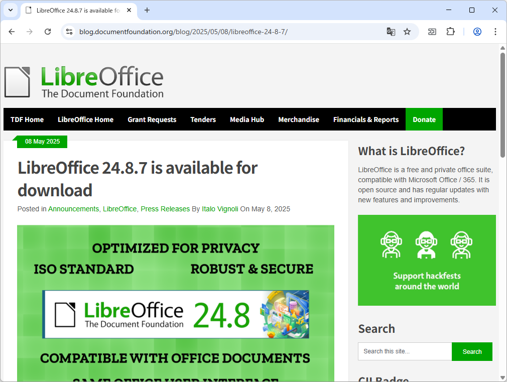 「LibreOffice 24.8.7 Community」がリリース