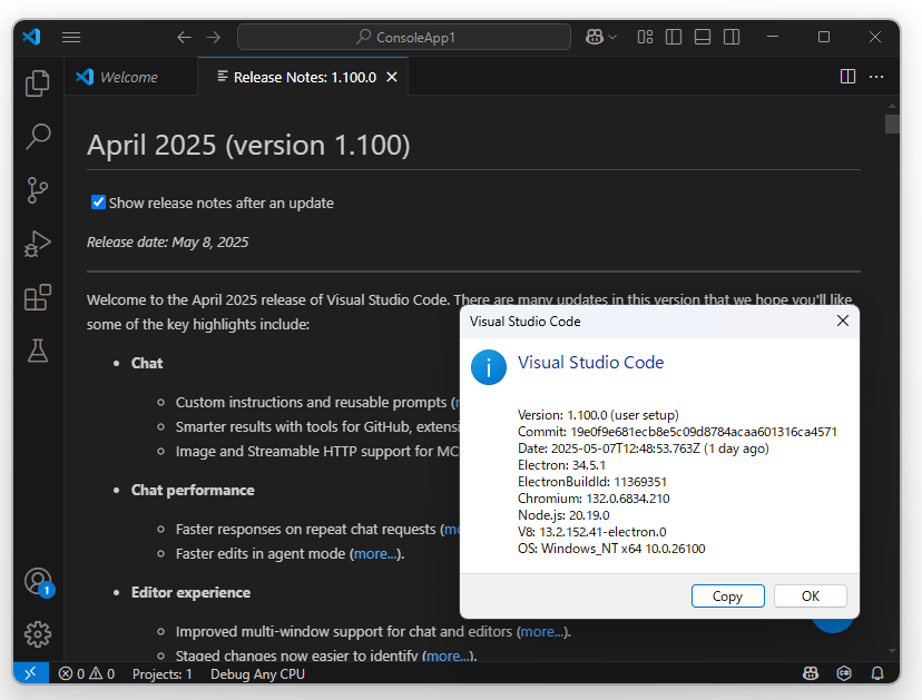 「Visual Studio Code」の2025年4月アップデート（v1.100）