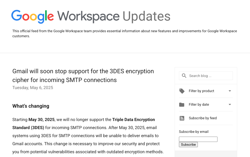 「Gmail」が暗号化方式「3DES」のサポートを終了