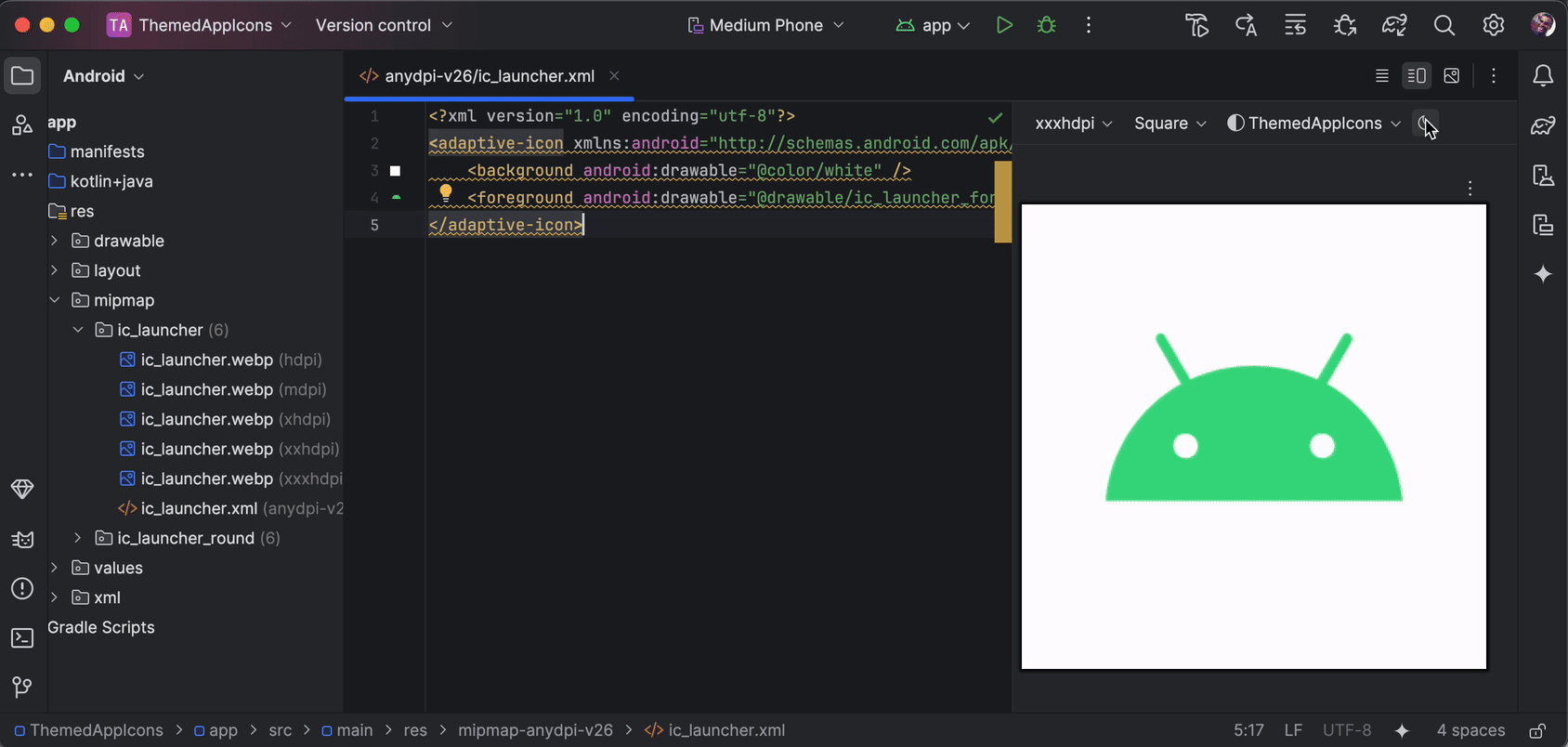 既存のランチャーアイコンが単色のテーマ化アルゴリズムにどのように適応するかをIDE内で直接プレビュー