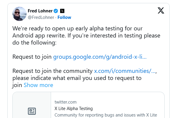 「X」（Twitter）のAndroidアプリが書き直しへ？　「X Lite」のアルファテストが開始