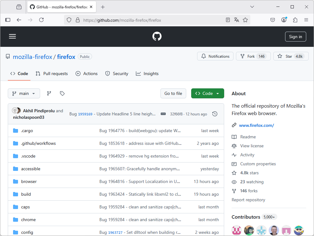 リポジトリのホスト先は「github.com/mozilla-firefox/firefox」
