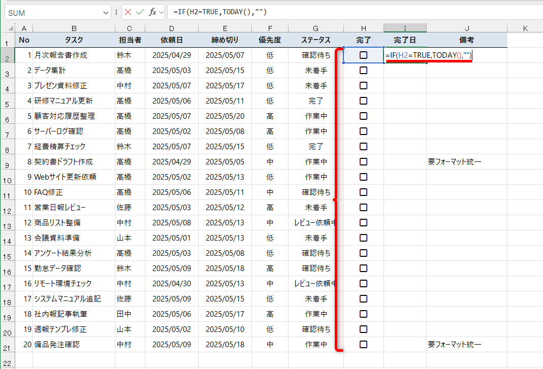 チェックボックスが挿入される。隣のセルI2に「=IF(H2=TRUE,TODAY(),"")」と入力する