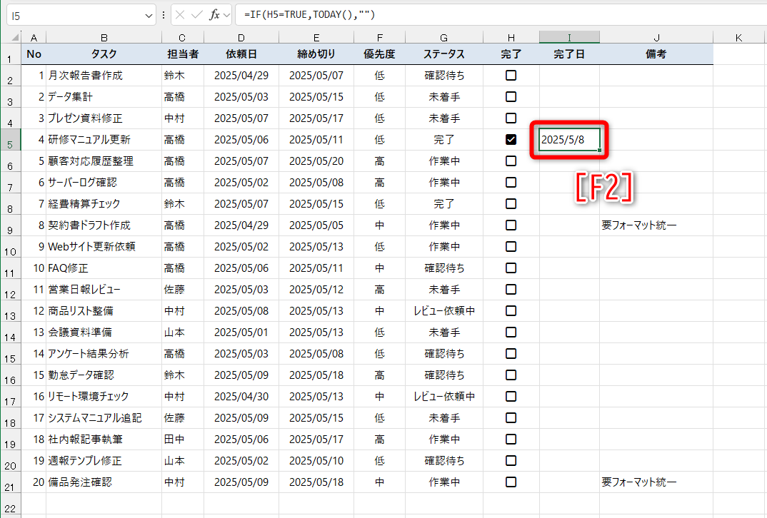 TODAY関数の結果が表示されているセルを選択して、［F2］キーを押す