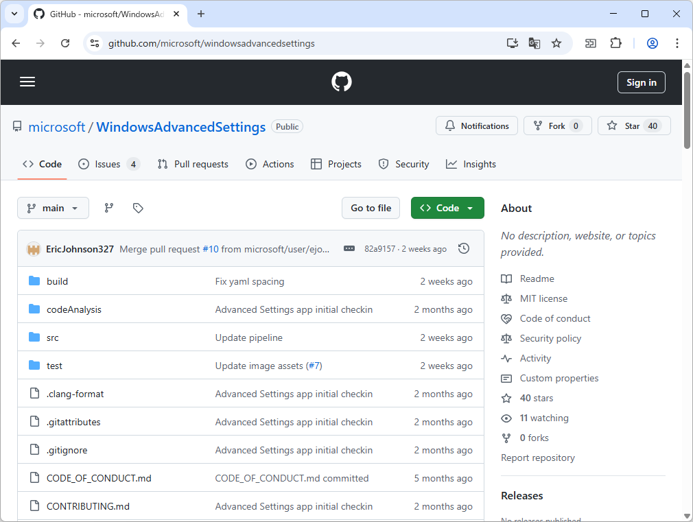 「GitHub」にホストされた「Windows Advanced Settings」リポジトリ