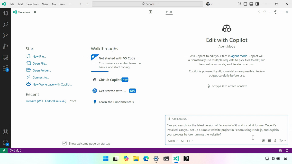 GitHub Copilotのプロンプトから、WSLとLinuxディストリビューション、言語ランタイムをセットアップするデモ