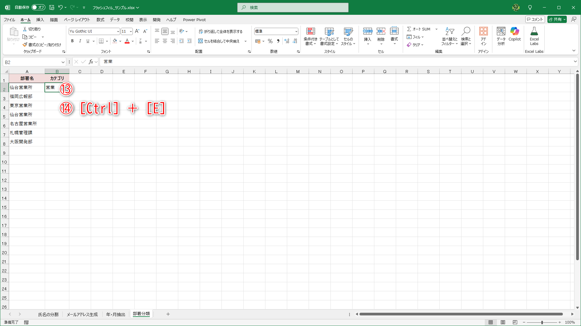 1行目に「営業」と入力して（⑬）、［Ctrl］＋［E］キーを押します（⑭）