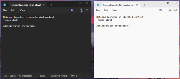 管理者モードと一般モードで起動した「メモ帳」アプリ。テーマの設定などは同期されない