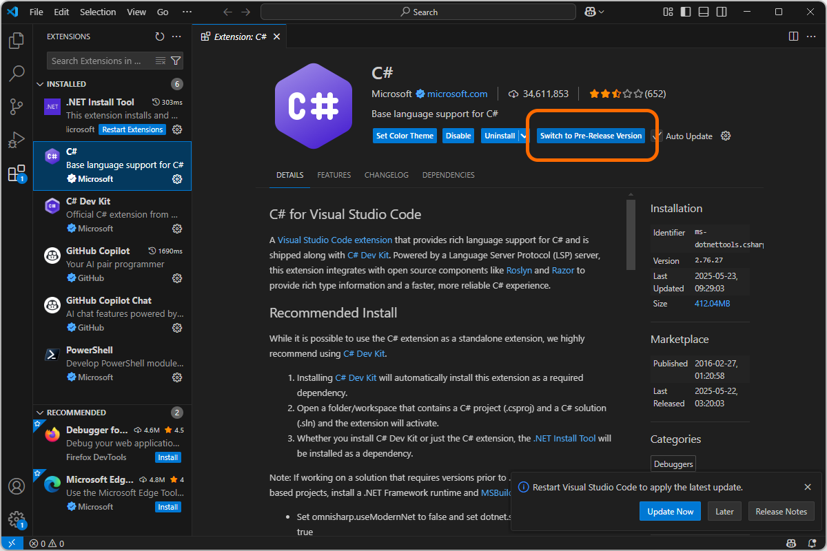 「C#」拡張機能をプレリリース版に切り替え