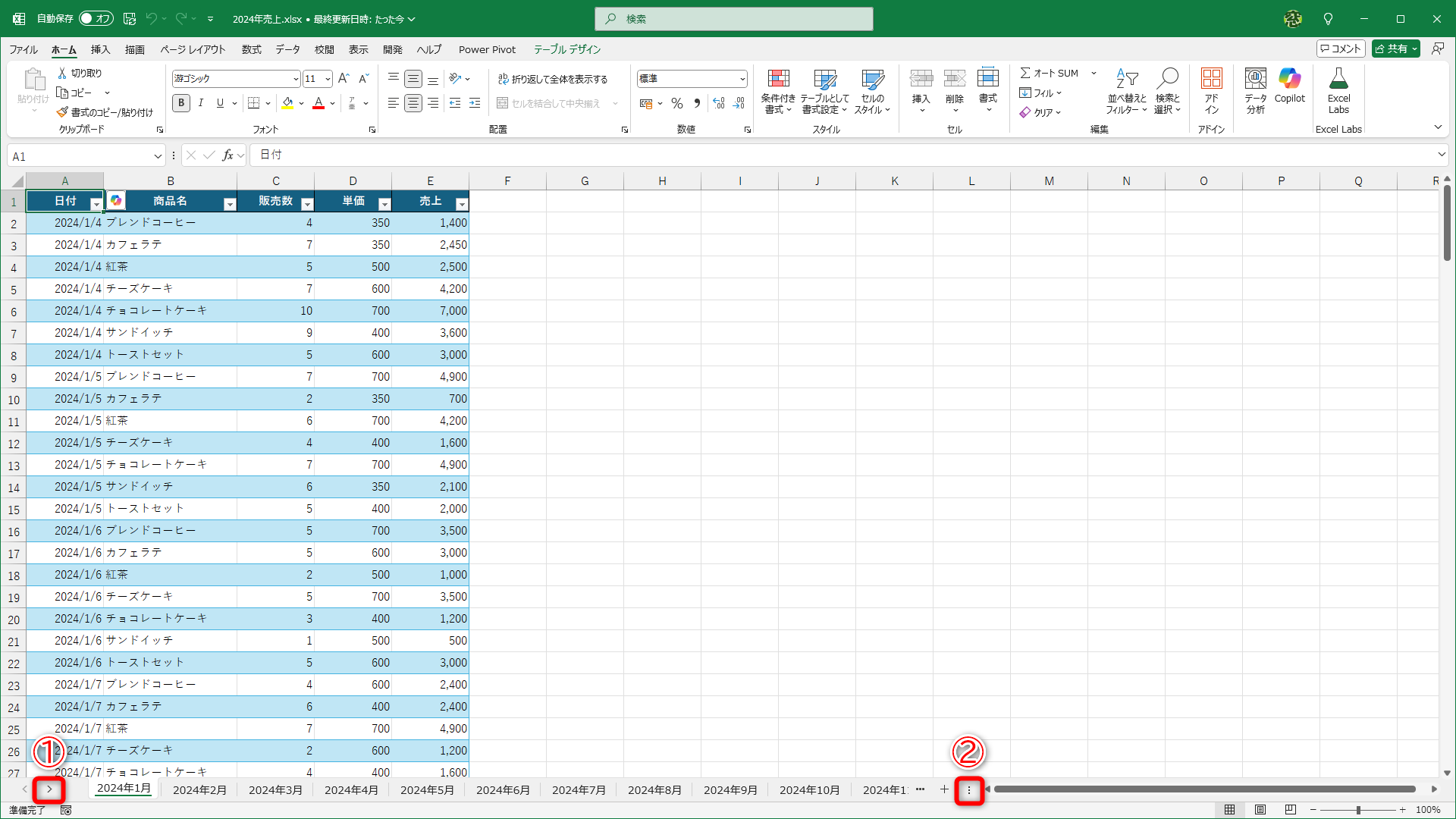 複数のワークシートが含まれている場合、右側のシートタブが非表示になります。［＞］（①）を何度もクリックしてスクロールしていませんか？　なお、横スクロールバーは［︙］（②）をドラッグして伸縮可能です。使いやすいサイズに調整しておくことをおすすめします