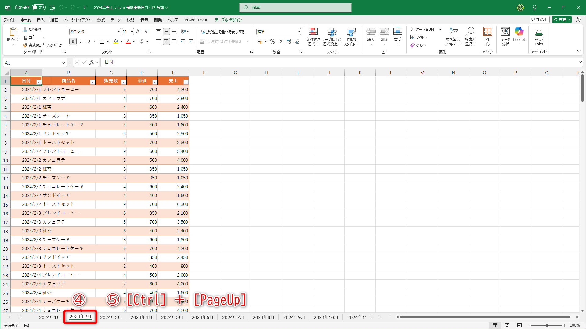 右側のワークシートに切り替わりました（④）。［Ctrl］＋［PageUp］キーを押します（⑤）