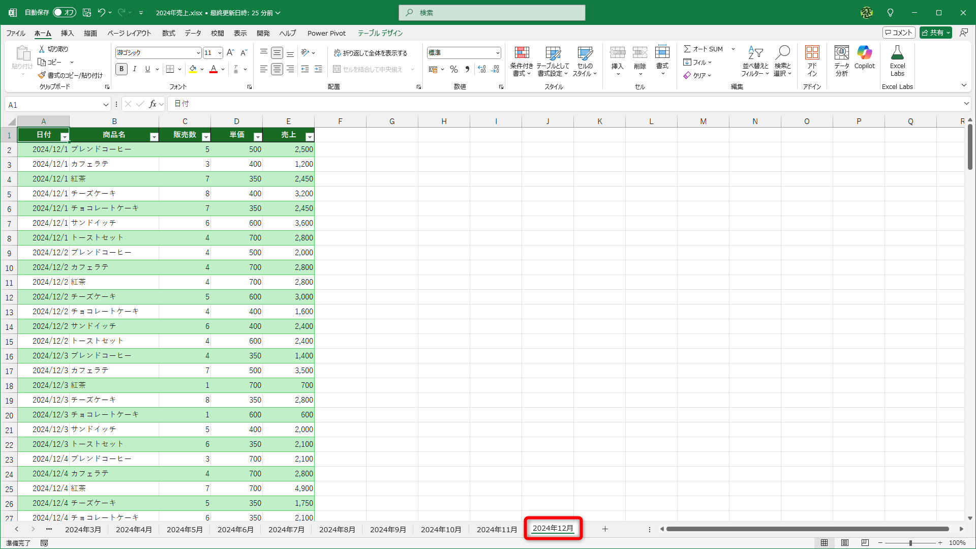 選択したワークシートに切り替わりました