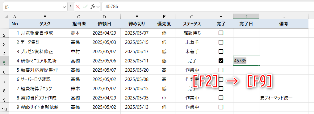 ［F2］キーを押して編集状態にしてから［F9］キーを押すと値に変換できる