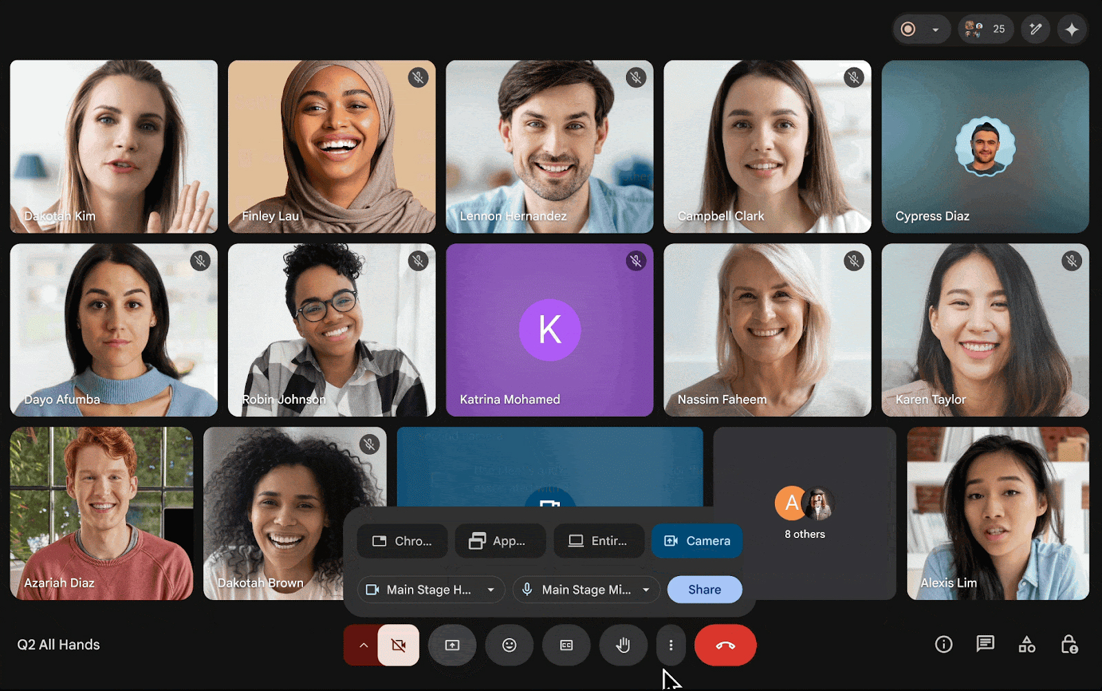 設定を有効にすると共有ボタンに「Camera」が追加されるので、そこを選択するとカメラの入力が共有される